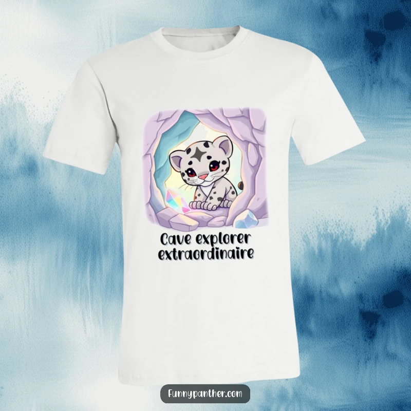 Funny t-shirt with a playful panther cub discovering a magical, glowing crystal cave, radiating enchantment and curiosity.