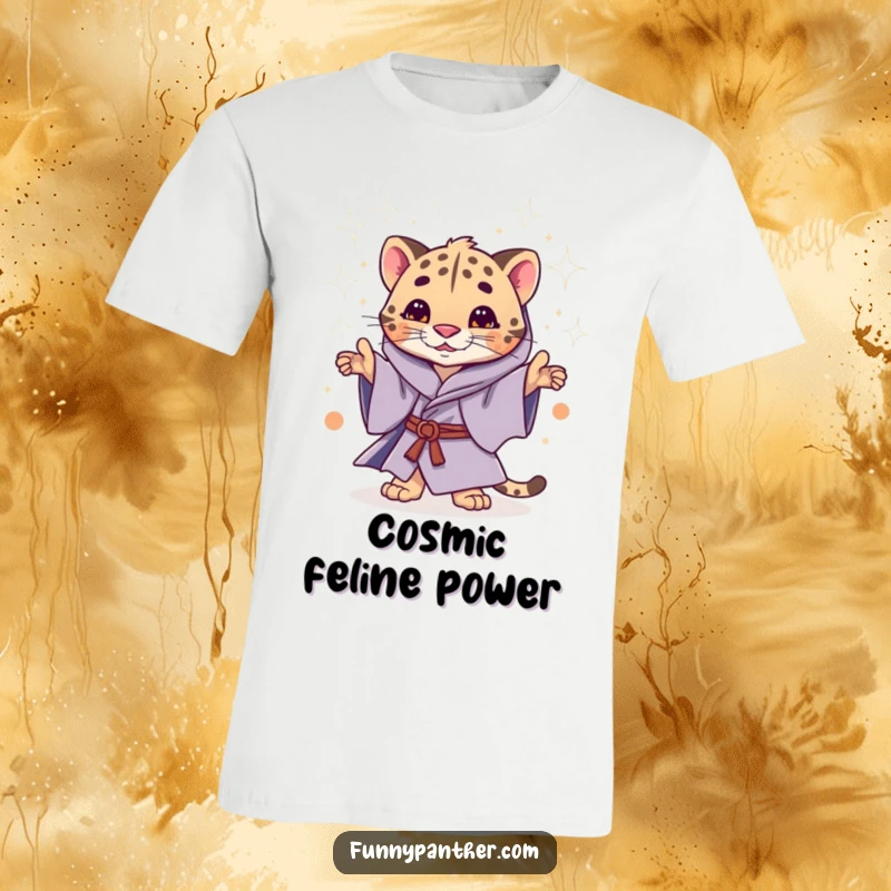 Funny t-shirt featuring a whimsical panther in mystical robes, energetically casting a shower of shimmering stardust.