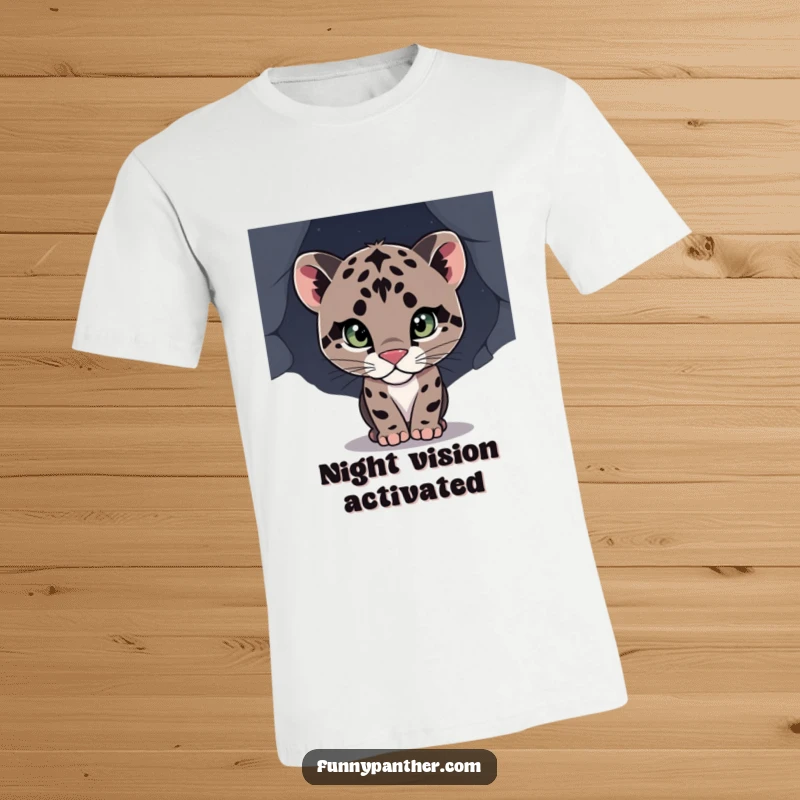 Funny t-shirt showcasing a curious panther cub peering intently, expressing wonder and a touch of mischief, great funny gift.