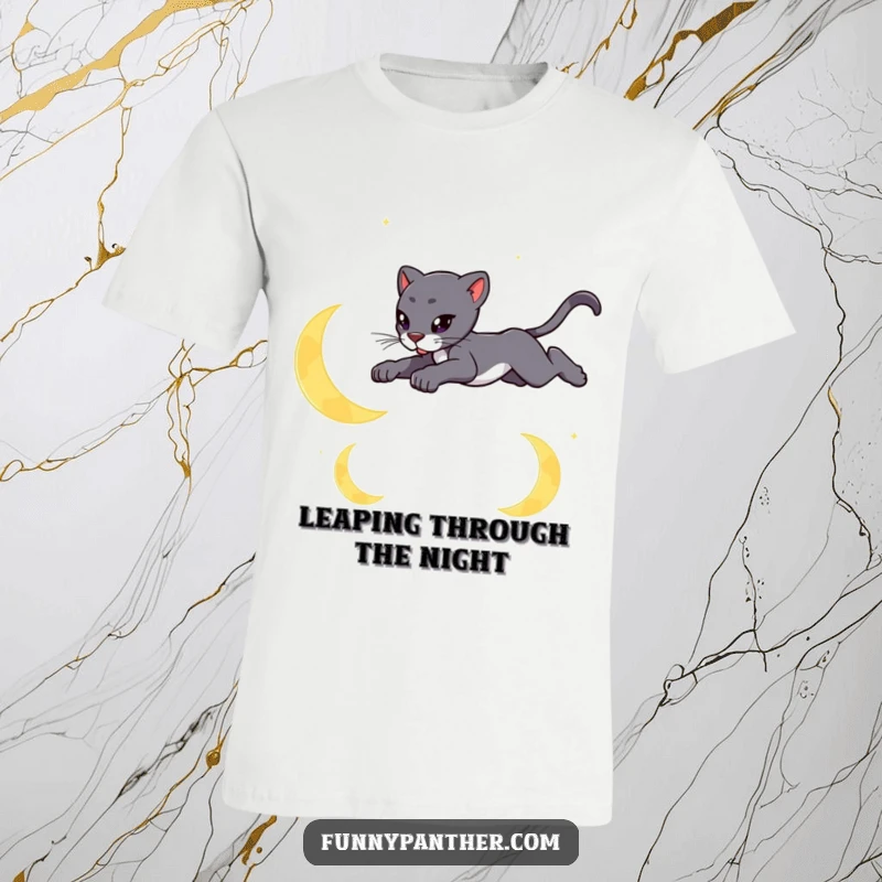 Funny t-shirt featuring a sleek panther leaping gracefully over stylized crescent moons, capturing nighttime magic.