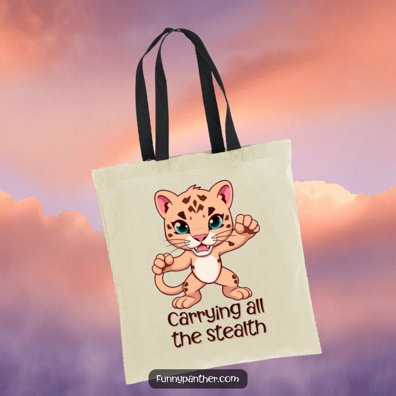 Funny Tote Bag with a strikingly alert panther design, perfect for errands and everyday use. A humorous and functional accessory.