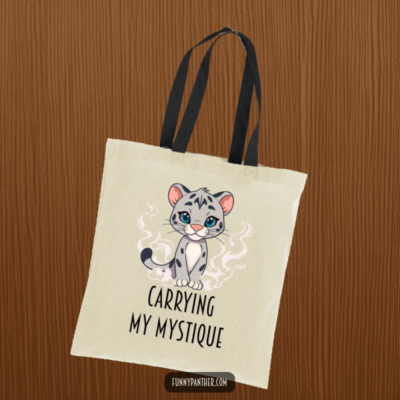 Funny panther character tote bag, emerging from swirling mist with confidence, a chic and humorous accessory.