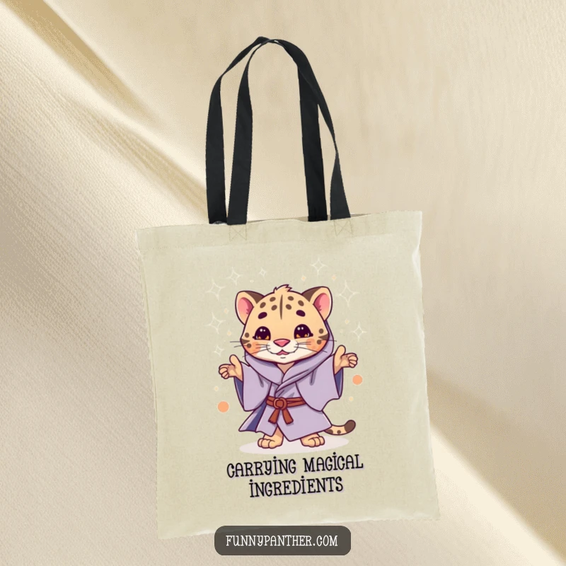 Funny tote bag with a whimsical panther in mystical robes, casting a dazzling shower of stardust.