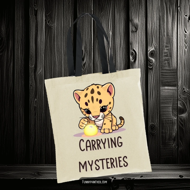 Funny panther cub character tote bag, investigating a glowing object, a humorous and intriguing accessory for everyday exploration.
