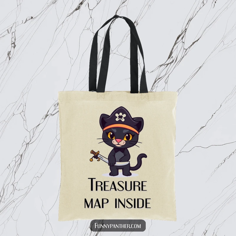 Funny tote bag with a black panther wearing a pirate hat and brandishing a miniature sword, ready for plunder.